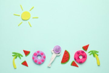 Summer beach vacation concept with LILO, watermelons and palm trees. Pleasure of tropical relaxation.