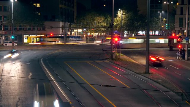 Night Timelapse of cars and tramway in Bremen
