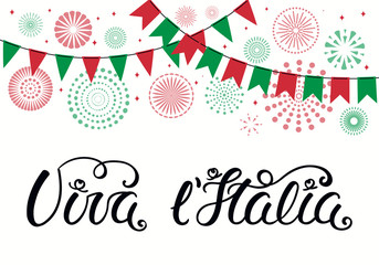 Hand written Italian lettering quote Viva l Italia, Long live Italy, with fireworks in flag colors. Isolated objects on white background. Vector illustration. Design element for poster, banner, card.