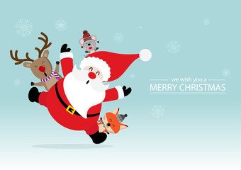 Merry Christmas greeting card with Santa Claus, deer, Fox and Rat. Cute animal holiday cartoon character vector. Vector concept illustration for design.