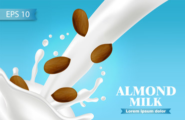 Almond milk vector realistic. Splash milk pouring. Label template design. Natural healthy vegan products. Blue backgrounds