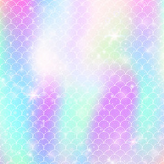 Rainbow scales background with kawaii mermaid princess pattern.