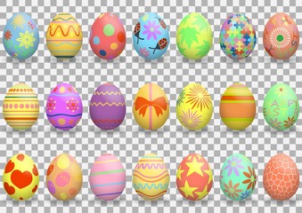Fototapeta na wymiar Easter. Set of colorful realistic Easter eggs with patterns. Decoration for the holiday. Isolated on transparent background. Vector illustration. EPS10