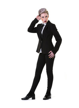 Stylish modern short blonde haired business woman full l body on a white background