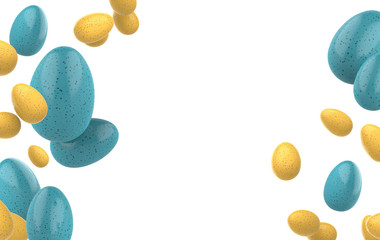 Yellow and Blue speckled Easter Eggs Flying on a white background. Realistic 3d render. Space for text.