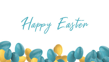 Yellow and Blue speckled Easter Eggs Flying on a white background. Realistic 3d render.