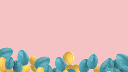Blue and Yellow speckled Easter Eggs Flying on a pink gradient background. Realistic 3d render.