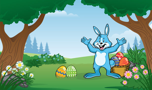 rabbit on the forest with few of colorful easter eggs