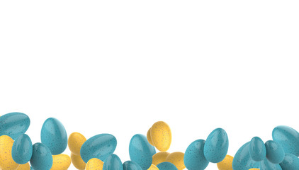 Yellow and Blue speckled Easter Eggs Flying on a white background. Realistic 3d render.