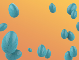 Blue speckled Easter Eggs Flying on a orange gradient background. Realistic 3d render.
