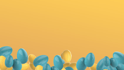 Blue speckled Easter Eggs Flying on a orange gradient background. Realistic 3d render.