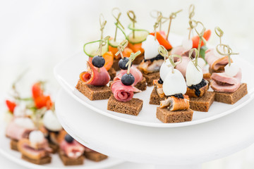 Buffet table. Assortment of canapes. Banquet service in restaurant. Catering food, snacks on white plate