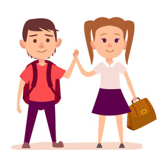 Small boy with dark red backpack on shoulders and pretty girl with two tails hairstyle holds brown bag in one hand vector illustration