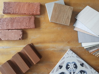  samples of material, wood , on concrete table.Interior design select material for idea. Decoration idea concept vintage material.