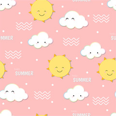 Cute hello summer,  smiling sun and cloud doodle seamless pattern background.