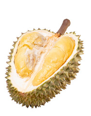 Obraz premium Durians cut through to see the yellow flesh. on the White Blackground