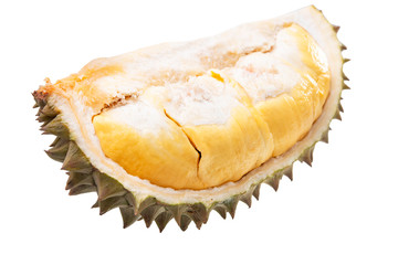 Fototapeta premium Durians cut through to see the yellow flesh. on the White Blackground