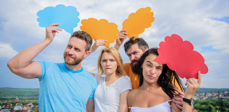 Difference between men and women. Thoughts of different sex. Bearded man and girl with speech bubbles. Diversity concept. Diversity issues. Having own opinion. Diversity interests and thoughts