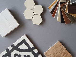 samples of material, wood , on concrete table.Interior design select material for idea. Decoration...