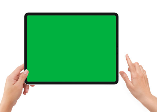 Isolated Human Left Hand Holding Black Tablet With Green Screen