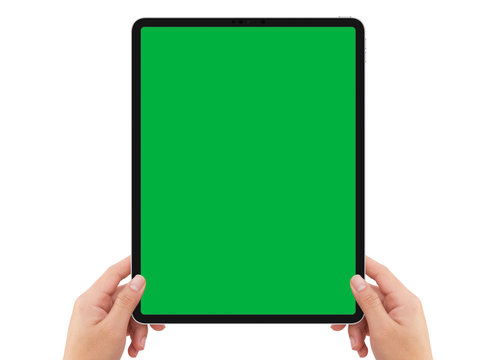 Isolated Human Left Hand Holding Black Tablet With Green Screen