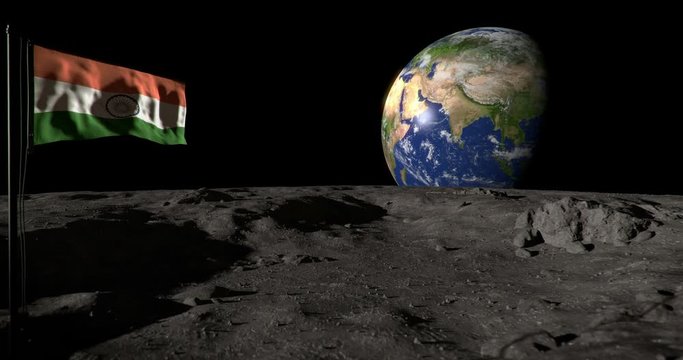Moon surface with flag India and the Earth, with alpha mask