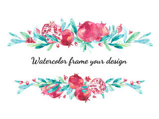 Watercolor frame with pomegranate your design. Summer fruit for greeting card, wedding card and more template