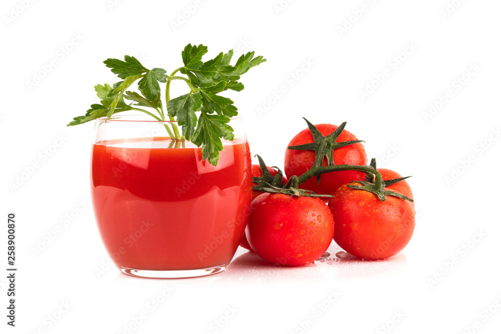 Wall mural a glass of tomato juice with fresh ripe tomatoes and parsley on a white isolated background