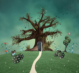 Zauberbaum mit offener Tür im verzauberten grünen Garten - 3D und digital gemalte Illustration © EllerslieArt