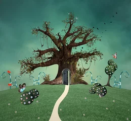 Zauberbaum mit offener Tür im verzauberten grünen Garten - 3D und digital gemalte Illustration © EllerslieArt
