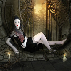 Scary vampire woman sitting by an old open gate - 3D illustration