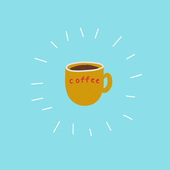 Yellow cup of coffee on a blue background, illustration