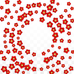 Vector Realistic Red Flowers Falling on Transparent Background.  Spring Romantic Flowers Illustration. Flying Asian Rose Spa Design. Blossom Confetti. Design Elements for Wedding Decoration.