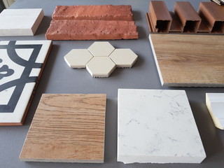  samples of material, wood , on concrete table.Interior design select material for idea. Decoration...