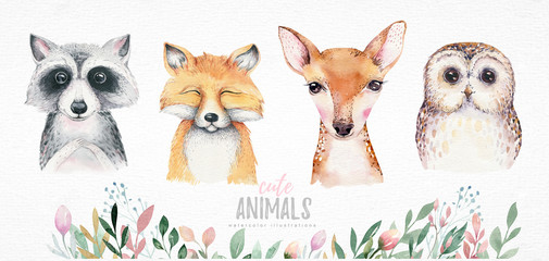 Watercolor set of forest cartoon isolated cute baby fox, deer, raccoon and owl animal with flowers. Nursery woodland illustration. Bohemian boho drawing for nursery poster, pattern © kris_art