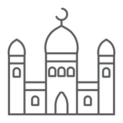 Mosque thin line icon, islamic and religion, building sign, vector graphics, a linear pattern on a white background.
