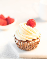 cupcake and raspberry, marble backdrop, light background