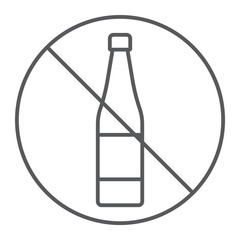 No alcohol thin line icon, drink and warning, alcohol forbidden sign, vector graphics, a linear pattern on a white background.