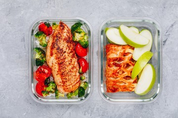 Grilled chicken meal prep containers with rice, broccoli and tomatoes and dessert pie with green...