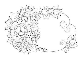 Hand drawn backdrop. Coloring book, page for adult and older children. Black and white abstract floral pattern. Vector illustration. Design for meditation.