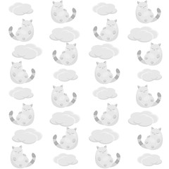Pattern with happy cat on clouds 
