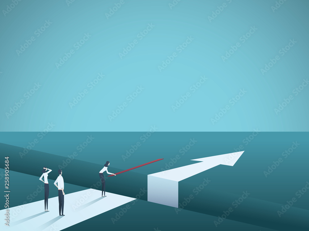 Wall mural business challenge overcome and finding solutions vector concept. woman building bridge over gap. sy