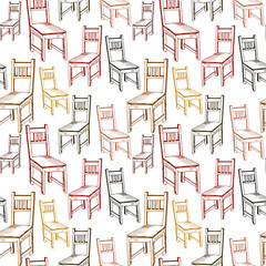chairs pattern, seamless pattern hand drawn sketch of furniture, brown line drawing, vector pattern without background