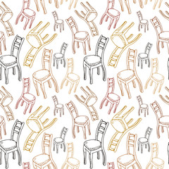 chairs pattern, seamless pattern hand drawn sketch of furniture, brown line drawing, vector pattern without background