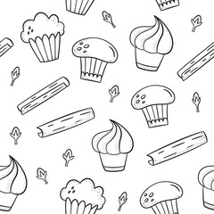 Vector seamless pattern with cakes, cloves, cinnamon. Hand-drawn style.