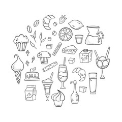 Vector set with coffee additives, desserts and drinks. Hand-drawn style.