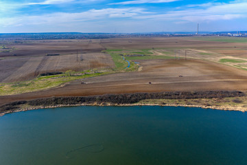 Drone areal prospective camera view in the daytime in March