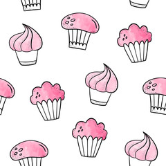 Vector seamless pattern with cakes, cupcakes, muffins in watercolor style.