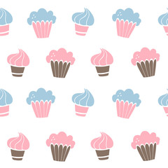 Vector seamless pattern with cakes, cupcakes, muffins in Doodle style, hand drawn style.