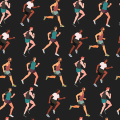 Fototapeta na wymiar Jogging runners or marathon running group of men - flat vector illustration. Seamless pattern with runners.